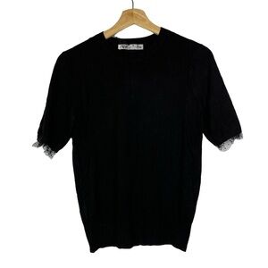 Zara Black Short Sleeve Crewneck Polka Dot Mesh Trim Sweater M